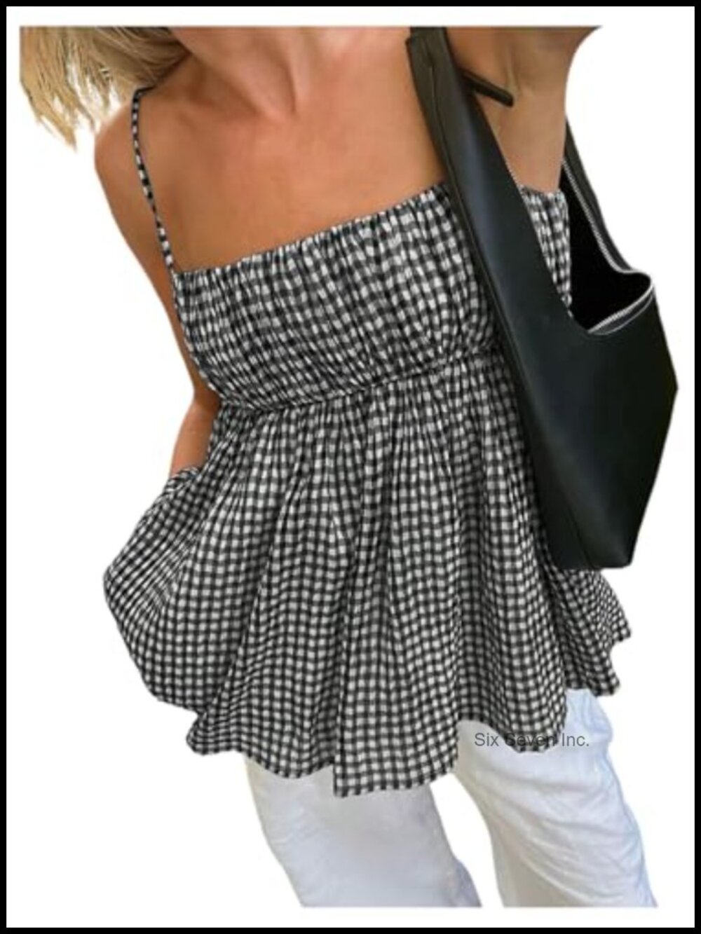 Plaid Gingham Peplum Babydoll Square Neck Spaghetti Strap Cami Top